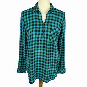 J. Jill Blue Green Check Long Sleeve 1/4 Button Textured Popover Shirt Medium
